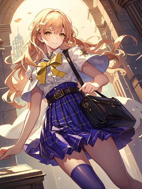 masterpiece,best quality,highres,cinematic lighting,dramatic angle,<lora:ShadowverseManariaV1-000021:0.8> ,1girl,blonde hair,bare legs,long hair,serafuku,yellow eyes,belt,short purple skirt,bowtie,thighhighs,handbag,cowboy shot,looking at viewer,smile,hair ornament,capelet,plaid skirt