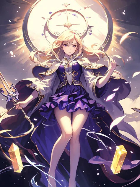 masterpiece,best quality,highres,cinematic lighting,dramatic angle,<lora:ShadowverseManariaV1:0.8> ,1girl,blonde hair,bare legs,long hair,capelet,purple dress,bare legs,floating crystals,rune,magic,holding staff,portrait,close-up,looking at viewer,serious,aura