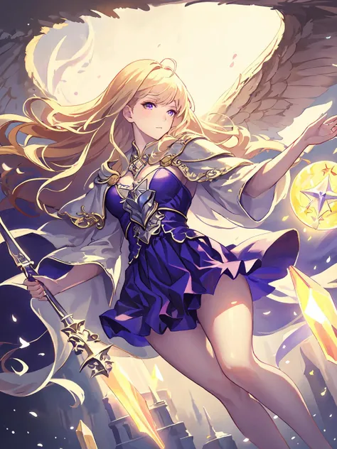 masterpiece,best quality,highres,cinematic lighting,dramatic angle,<lora:ShadowverseManariaV1:0.8> ,1girl,blonde hair,bare legs,long hair,capelet,purple dress,bare legs,floating crystals,rune,magic,holding staff,portrait,close-up,looking at viewer,serious,aura