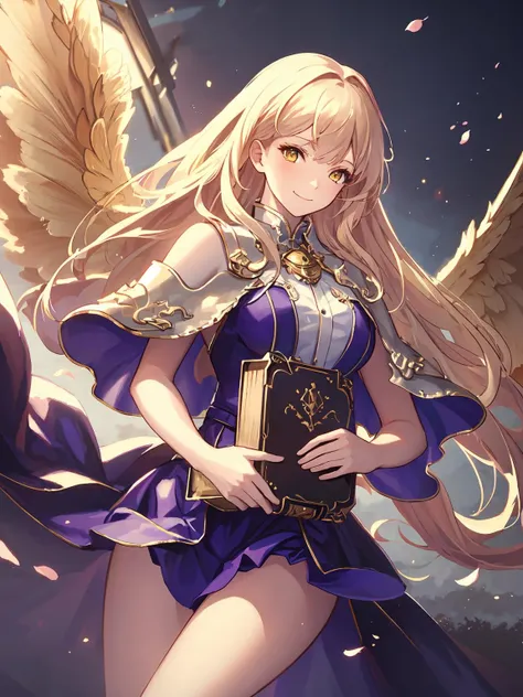 masterpiece,best quality,highres,cinematic lighting,dramatic angle,<lora:ShadowverseManariaV1-000021:0.8> ,1girl,blonde hair,bare legs,wings,purple dress,long hair,capelet,yellow eyes,bare shoulders,cowboy shot,looking at viewer,smile,shoulder armor,schoolmaster,holding staff,holding book
