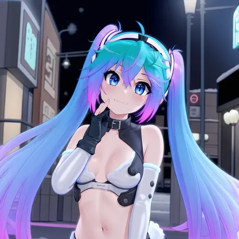 mastepiece, best quality, evening, street, street lights, (snow:1.2), solo, <lora:miku_mxx:0.8>