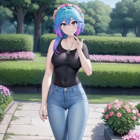 mastepiece, best quality, garden, flowers, jeans, solo, <lora:miku_mxx:0.6>
