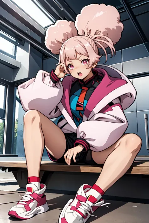 <lora:chuchu-v1:1.0>chuatury panlunch, chuchu jacket, shorts, open mouth, sitting, white footwear, puffy long sleeves, looking at viewer, indoors <lora:lightline:0.3>