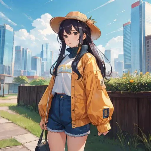 chuatury panlunch, chuchu jacket, puffy long sleeves, shorts, cowboy shot, outdoors, cityscape, (future building:1.2), grass, day, looking at viewer,<lora:chuchu-v1:1>