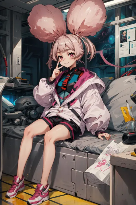 masterpiece,best quality,1girl,chuatury panlunch,full body,chuchu jacket,puffy long sleeves,shorts,smile,sitting,indoors,science fiction,<lora:CHAR-Gundam The Witch from Mercury-Chuatury Panlunch (Chuchu)-v1-NoteKaga:0.9>,