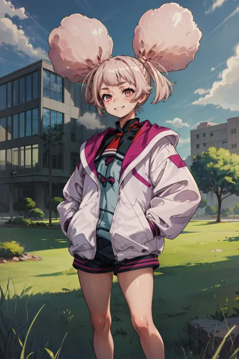 masterpiece,best quality,1girl,chuatury panlunch,full body,chuchu jacket,puffy long sleeves,shorts,hands in pockets,smile,grass,school building,science fiction,cowboy shot,<lora:CHAR-Gundam The Witch from Mercury-Chuatury Panlunch (Chuchu)-v1-NoteKaga:0.9>,