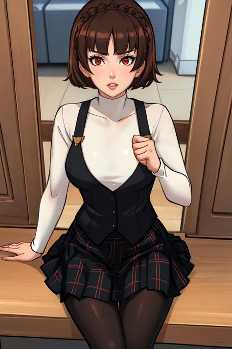 (masterpiece, best quality:1.2), 1girl, solo, looking at viewer,   <lora:sexnote:0.95> sexnote, <lora:makoto-niijima:0.95> makodefault, niijimamakoto, short hair,bangs, skirt, brown hair, red eyes, long sleeves, school uniform, braid, pantyhose, plaid, black pantyhose, plaid skirt, turtleneck, crown braid, shuujin academy school uniform, vest,