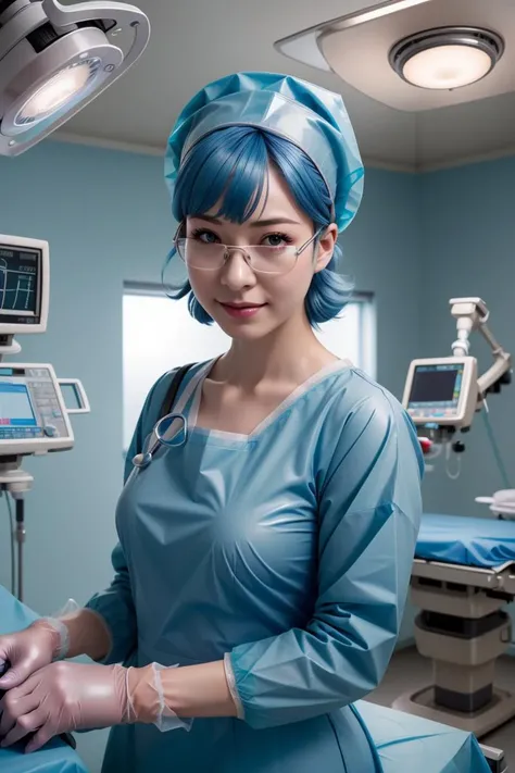 (RAW photo, best quality), operating room, overhead surgical light,blurred background, focused, dithering,backlighting,upper body,
<lora:Aya Miiko_3dCG_V3.0:0.4> (aya miiko, 3dcg03, 1girl, solo, redeyes, blue hair,glasses),
<lora:surgical_v3:0.8> (surgical_uniform_3.0, surgical mask, gloves,surgical cap,long sleeves),