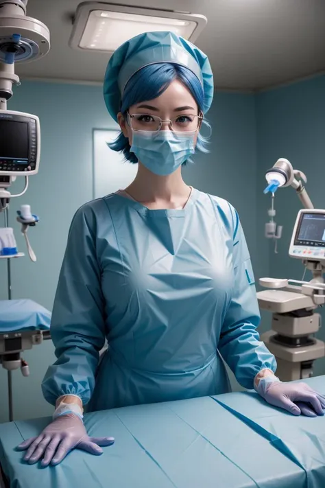 (RAW photo, best quality), operating room, overhead surgical light,blurred background, focused, dithering,backlighting,upper body,
<lora:Aya Miiko_3dCG_V3.0:0.4> (aya miiko, 3dcg03, 1girl, solo, redeyes, blue hair,glasses),
 <lora:surgical_v3:0.8> (surgical_uniform_3.0, surgical mask, gloves,surgical cap,long sleeves),