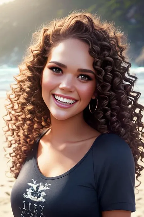 (sharp focus:1.2), photo, attractive madpett, (beautiful face:1.1), detailed eyes, luscious lips, (cat eye makeup:0.85), (big smile:1.2), wearing (tight tshirt:1.2) on a (beach:1.2). (moody lighting:1.2), depth of field, bokeh, 4K, HDR. by (James C. Christensen:1.2|Jeremy Lipking:1.1).