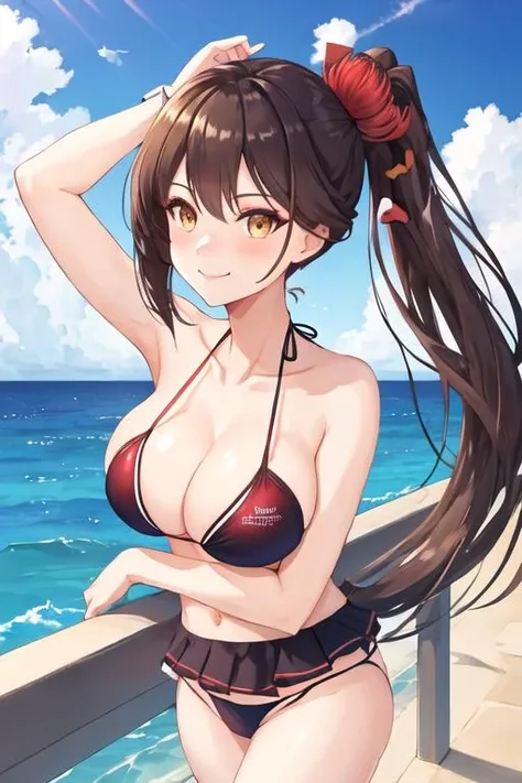 best quality, masterpiece, highres, solo, {zuikaku_azurlane:1.15}, long_hair, brown_hair, breasts, large_breasts, bangs, yellow_eyes, blush, cleavage, very_long_hair, hair_ornament, smile, collarbone, brown_eyes, ponytail, 1girl, blue_sky, day, looking_at_viewer, outdoors, sky, swimsuit, bare_shoulders, bikini, cloud, ocean, side_ponytail