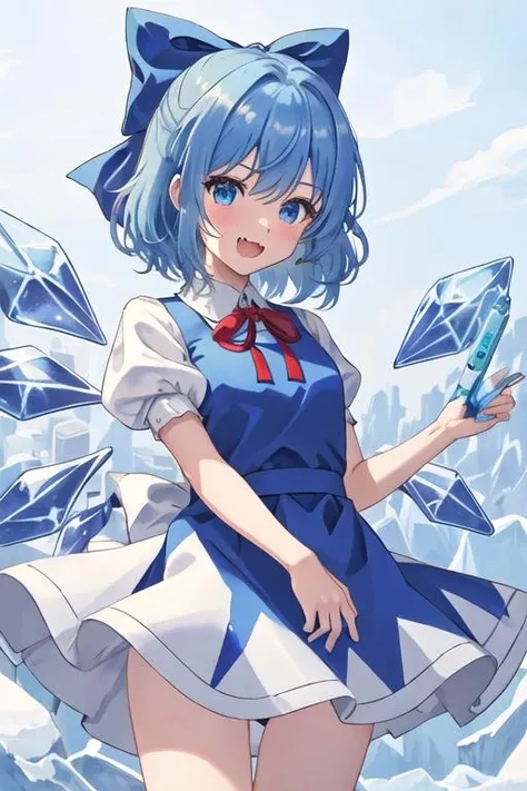 best quality, masterpiece, highres, solo, {cirno_touhou:1.15}, blue_hair, bow, hair_bow, short_hair, wings, ice, blue_bow, ice_wings, blue_eyes, bangs, blush, smile, upper_body, open_mouth, hair_between_eyes, ribbon, neck_ribbon, 1girl, :d, fang, looking_at_viewer, marker_\(medium\), snowflakes, traditional_media, shikishi, puffy_sleeves, shirt, white_shirt, blue_dress, dress, puffy_short_sleeves, short_sleeves