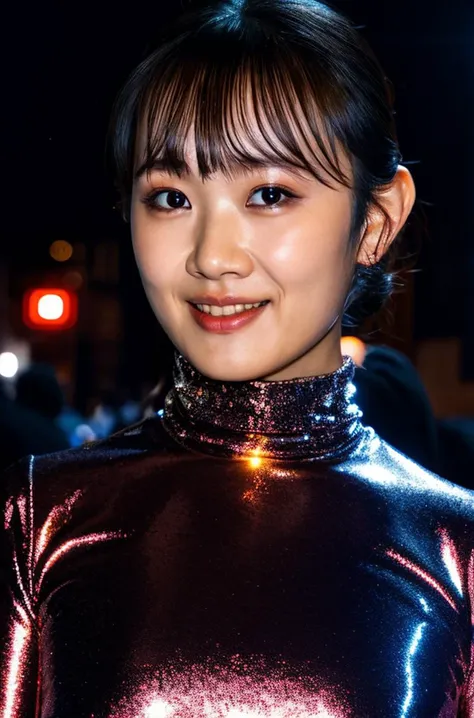 a japanese woman(wearing a turtleneck glittery evening dress:1.2),(RAW photo, best quality), (realistic, photo-realistic:1.4), masterpiece, an extremely delicate and beautiful, extremely detailed, 2k wallpaper, Amazing, finely detail, extremely detailed CG unity 8k wallpaper, ultra-detailed, highres, soft light, beautiful detailed girl, extremely detailed eyes and face, beautiful detailed nose, beautiful detailed eyes,cinematic lighting,city lights at night,perfect anatomy,smiling ,close up <lora:okumurariho_lora:0.8>