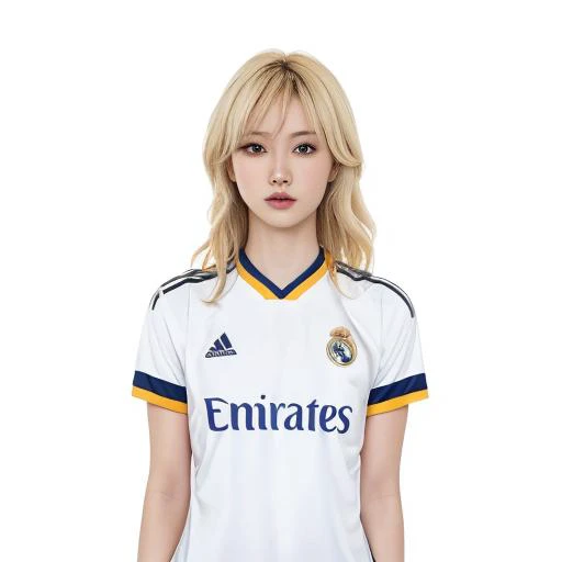 one woman, blonde hair, wearing real madrid home jersey, <lora:realmadrid015001last:0.5>, white_background,