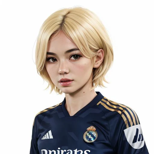 one woman, blonde hair, wearing real madrid away jersey, <lora:realmadrid015001last:0.5>, white_background,