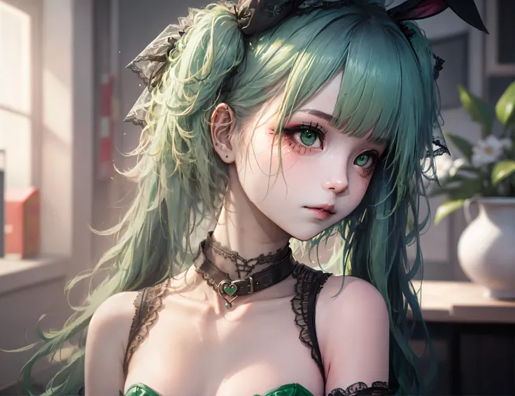 8k, 8k wallpaper, (an extremely delicate and beautiful:1.1), absurdres, (beautiful detailed eyes:1.3), (best illustration:1.1), (best quality:1.3), (best shadow:1.1), (cinematic lighting:1.2), detailed eyes, (detailed_light:1.1), (dreamy:1.1), (extremely detailed CG unity 8k wallpaper:1.1), highres, (masterpiece:1.3), official_art, ray tracing, (stylized:1.3), trending on artstation, (ultra_detailed:1.2)
(STYLE & COMPOSITION:0)
1girl, face, close_up
(POSE & EXPRESSION:0)
expressionless, hand_on_own_cheek, head_tilt, parted_lips
(CHARACTER:0)
(FACE:0)
bunny_girl, collarbone, detached_collar, eyelashes, green_eyes, green_hair, green_twintails, Hatsune_Miku, lips, long_gair, (messy_hair:1.2), rabbit_ears, very_long_hair
(PORTRAIT:0)
bare_shoulders, bodystocking, impossible_clothes, (lace:1.2), (lace-trimmed_leotard:1.2), leotard, small_breasts, strapless_leotard, thin_body, toned
(UPPER_BODY:0)
(COWBOY_SHOT:0)
(FULL_BODY:0)
(NSFW:0)
(BACKGROUND:0)
indoors
(EMBEDDINGS:0)