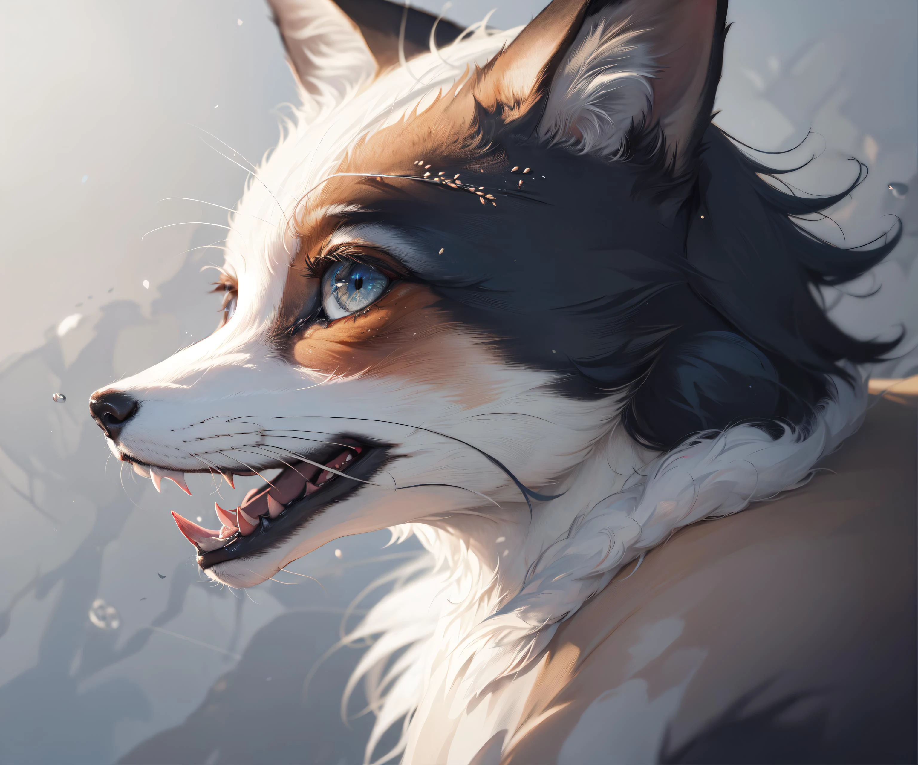 8k, 8k wallpaper, (an extremely delicate and beautiful:1.1), absurdres, (beautiful detailed eyes:1.3), (best illustration:1.1), (best quality:1.3), (best shadow:1.1), (cinematic lighting:1.2), detailed eyes, (detailed_light:1.1), (dreamy:1.1), (extremely detailed CG unity 8k wallpaper:1.1), highres, (masterpiece:1.3), official_art, ray tracing, (stylized:1.3), trending on artstation, (ultra_detailed:1.2)
animal, fox, face, close-up, (facing_to_the_side:1.2), no_humans, open_mouth