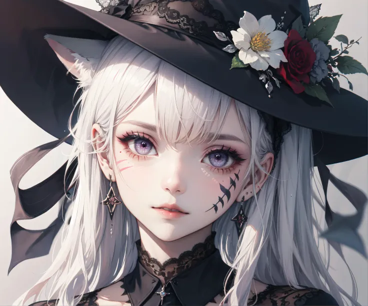 8k, 8k wallpaper, (an extremely delicate and beautiful:1.1), absurdres, (beautiful detailed eyes:1.3), (best illustration:1.1), (best quality:1.3), (best shadow:1.1), (cinematic lighting:1.2), detailed eyes, (detailed_light:1.1), (dreamy:1.1), (extremely detailed CG unity 8k wallpaper:1.1), highres, (masterpiece:1.3), official_art, ray tracing, (stylized:1.3), trending on artstation, (ultra_detailed:1.2)
(STYLE & COMPOSITION:0)
1girl, face
(POSE & EXPRESSION:0)
looking_at_viewer, parted_lips
(CHARACTER:0)
(FACE:0)
animal_ears, earrings, ears_through_headwear, eyelashes, eyeshadow, (facepaint:1.2), flower, fox_ears, hat_flower, (lace:1.2), lips, purple_eyes, red_hair, streaked_hair, which, which_hat, white_hai
(PORTRAIT:0)
(UPPER_BODY:0)
(COWBOY_SHOT:0)
(FULL_BODY:0)
(NSFW:0)
(BACKGROUND:0)
(EMBEDDINGS:0)