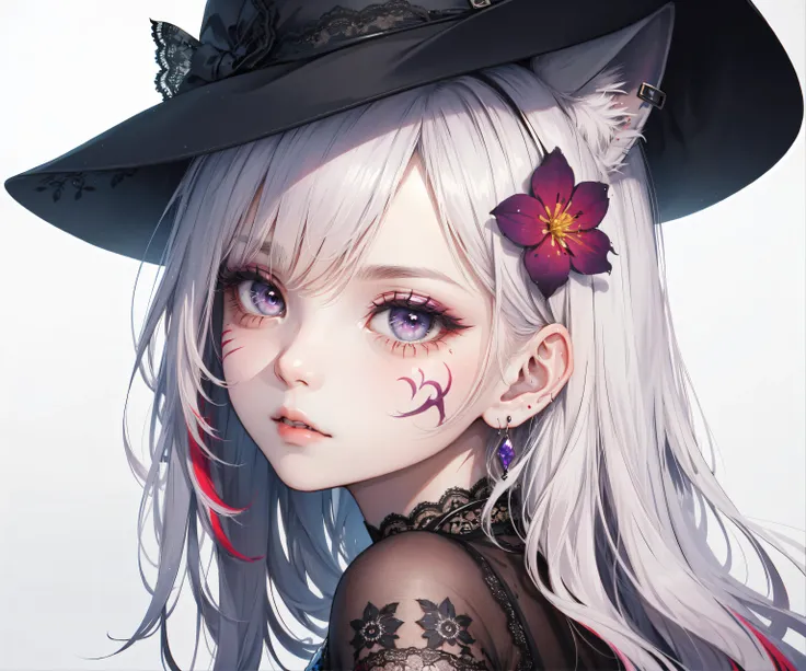 8k, 8k wallpaper, (an extremely delicate and beautiful:1.1), absurdres, (beautiful detailed eyes:1.3), (best illustration:1.1), (best quality:1.3), (best shadow:1.1), (cinematic lighting:1.2), detailed eyes, (detailed_light:1.1), (dreamy:1.1), (extremely detailed CG unity 8k wallpaper:1.1), highres, (masterpiece:1.3), official_art, ray tracing, (stylized:1.3), trending on artstation, (ultra_detailed:1.2)
(STYLE & COMPOSITION:0)
1girl, face
(POSE & EXPRESSION:0)
(facing_to_the_side:1.2), head_tilt, looking_at_viewer, parted_lips, turning_head
(CHARACTER:0)
(FACE:0)
animal_ears, earrings, ears_through_headwear, eyelashes, eyeshadow, (facepaint:1.2), flower, fox_ears, hat_flower, (lace:1.2), lips, purple_eyes, red_hair, streaked_hair, which, which_hat, white_hai
(PORTRAIT:0)
(UPPER_BODY:0)
(COWBOY_SHOT:0)
(FULL_BODY:0)
(NSFW:0)
(BACKGROUND:0)
(EMBEDDINGS:0)