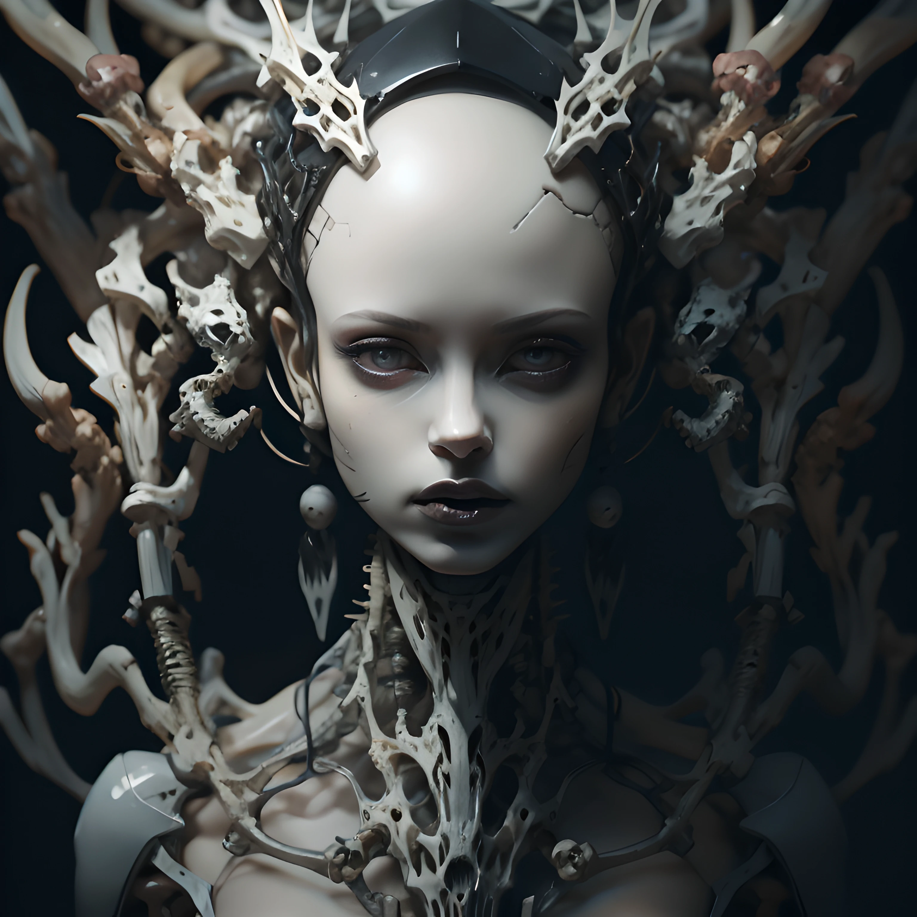 <lora:epi_noiseoffset2:0.999> <lora:bonespunk-v1:0.888>
dark forest, ghosts
a beautiful gothic woman, different poses, death style, detailed face, full black eyes, black lipstick, long eyelashes, long black dreadlocks, thin body, skinny legs, small breasts, bones, exo-bones mecha, exo-bones armor, dark studio
4k, hdr, best quality, masterpiece, photo-realistic, perfect detail, cinematic lighting, rfktr_bontrex-150