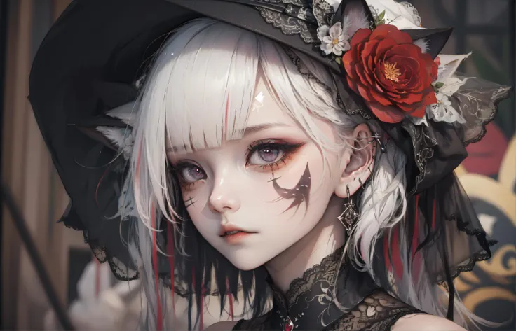 8k, 8k wallpaper, (an extremely delicate and beautiful:1.1), absurdres, (beautiful detailed eyes:1.3), (best illustration:1.1), (best quality:1.3), (best shadow:1.1), (cinematic lighting:1.2), detailed eyes, (detailed_light:1.1), (dreamy:1.1), (extremely detailed CG unity 8k wallpaper:1.1), highres, (masterpiece:1.3), official_art, ray tracing, (stylized:1.3), trending on artstation, (ultra_detailed:1.2)
(STYLE & COMPOSITION:0)
1girl, face
(POSE & EXPRESSION:0)
looking_at_viewer, parted_lips
(CHARACTER:0)
(FACE:0)
animal_ears, earrings, (ears_through_headwear:1.2), eyelashes, eyeshadow, (facepaint:1.2), flower, (fox_ears:1.2), hat_flower, (lace:1.2), lips, purple_eyes, red_hair, streaked_hair, which, which_hat, white_hair
(PORTRAIT:0)
(UPPER_BODY:0)
(COWBOY_SHOT:0)
(FULL_BODY:0)
(NSFW:0)
(BACKGROUND:0)
(EMBEDDINGS:0)