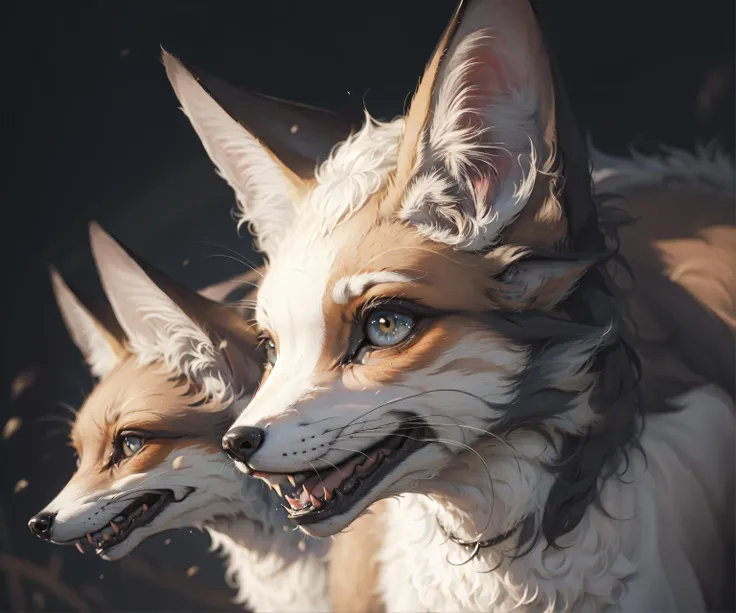 8k, 8k wallpaper, (an extremely delicate and beautiful:1.1), absurdres, (beautiful detailed eyes:1.3), (best illustration:1.1), (best quality:1.3), (best shadow:1.1), (cinematic lighting:1.2), detailed eyes, (detailed_light:1.1), (dreamy:1.1), (extremely detailed CG unity 8k wallpaper:1.1), highres, (masterpiece:1.3), official_art, ray tracing, (stylized:1.3), trending on artstation, (ultra_detailed:1.2)
animal, fox, face, close-up, (facing_to_the_side:1.2), no_humans, open_mouth