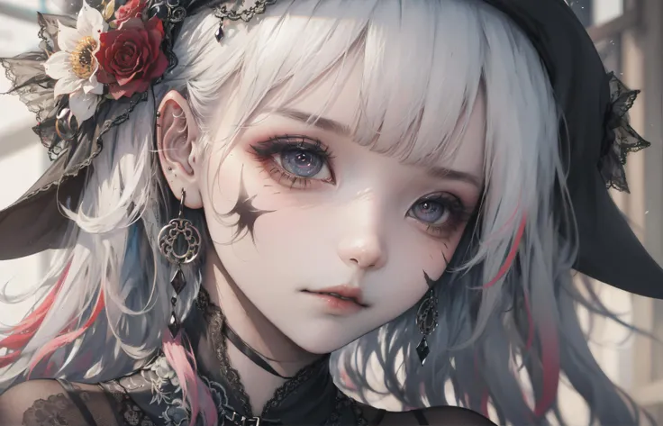 8k, 8k wallpaper, (an extremely delicate and beautiful:1.1), absurdres, (beautiful detailed eyes:1.3), (best illustration:1.1), (best quality:1.3), (best shadow:1.1), (cinematic lighting:1.2), detailed eyes, (detailed_light:1.1), (dreamy:1.1), (extremely detailed CG unity 8k wallpaper:1.1), highres, (masterpiece:1.3), official_art, ray tracing, (stylized:1.3), trending on artstation, (ultra_detailed:1.2)
(STYLE & COMPOSITION:0)
1girl, face
(POSE & EXPRESSION:0)
head_tilt, looking_at_viewer, parted_lips
(CHARACTER:0)
(FACE:0)
animal_ears, earrings, ears_through_headwear, eyelashes, eyeshadow, (facepaint:1.2), flower, fox_ears, hat_flower, (lace:1.2), lips, purple_eyes, red_hair, streaked_hair, which, which_hat, white_hai
(PORTRAIT:0)
(UPPER_BODY:0)
(COWBOY_SHOT:0)
(FULL_BODY:0)
(NSFW:0)
(BACKGROUND:0)
(EMBEDDINGS:0)
