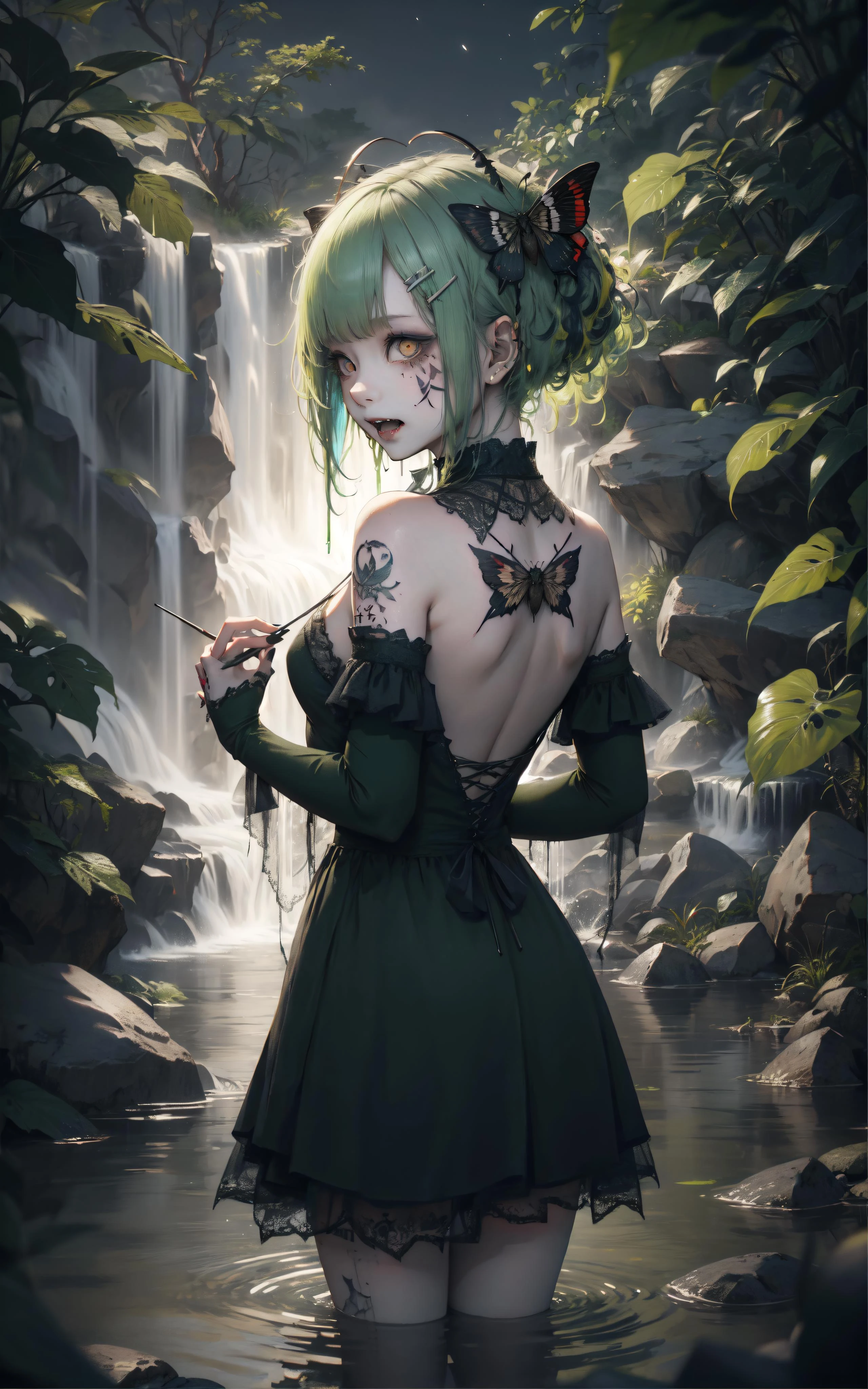8k, 8k wallpaper, (an extremely delicate and beautiful:1.1), absurdres, (beautiful detailed eyes:1.3), (best illustration:1.1), (best quality:1.3), (best shadow:1.1), (cinematic lighting:1.2), detailed eyes, (detailed_light:1.1), (dreamy:1.1), (extremely detailed CG unity 8k wallpaper:1.1), highres, (masterpiece:1.3), official_art, ray tracing, (stylized:1.3), trending on artstation, (ultra_detailed:1.2)
(STYLE & COMPOSITION:0)
1girl, (from_behind:1.2), (partially_submerged:1.2), red, upper_body, (yellow:1.1)
(POSE & EXPRESSION:0)
looking_at_viewer, parted_lips, standing, surprised, (turning_head:1.2), (washing_hair:1.2)
(CHARACTER:0)
(FACE:0)
ahoge, antennae, arthropod_girl, bangs, chitin, collarbone, (dark_green_hair:1.2), (facepaint:1.2), (fangs:1.3), flower_hair_ornament, green_hair, hairclip, hair_between_eyes, high_collar, lipstick, long_hair, messy_hair, (monster_girl, moth_antennae, moth_girl, moth_hair_ornament:1.2), multicolor_hair, (red_trim:1.3), sidelocks, (yellow_eyes:1.2)
(PORTRAIT:0)
backless_dress, bare_shoulers, lace_dress, small_breasts, (tattoo:1.2), (two-tone_hair:1.2)
(UPPER_BODY:0)
arthropod_limbs, nail_polish, narrow_waist
(COWBOY_SHOT:0)
(FULL_BODY:0)
(NSFW:0)
(BACKGROUND:0)
(waterfall:1.2), water, (reflective_water:1.2), night, moonlight, forest, river, moon, stars, (mist:1.1)
(EMBEDDINGS:0)