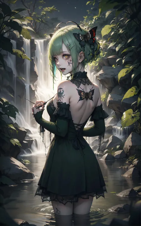8k, 8k wallpaper, (an extremely delicate and beautiful:1.1), absurdres, (beautiful detailed eyes:1.3), (best illustration:1.1), (best quality:1.3), (best shadow:1.1), (cinematic lighting:1.2), detailed eyes, (detailed_light:1.1), (dreamy:1.1), (extremely detailed CG unity 8k wallpaper:1.1), highres, (masterpiece:1.3), official_art, ray tracing, (stylized:1.3), trending on artstation, (ultra_detailed:1.2)
(STYLE & COMPOSITION:0)
1girl, (from_behind:1.2), (partially_submerged:1.2), red, upper_body, (yellow:1.1)
(POSE & EXPRESSION:0)
looking_at_viewer, parted_lips, standing, surprised, (turning_head:1.2), (washing_hair:1.2)
(CHARACTER:0)
(FACE:0)
ahoge, antennae, arthropod_girl, bangs, chitin, collarbone, (dark_green_hair:1.2), (facepaint:1.2), (fangs:1.3), flower_hair_ornament, green_hair, hairclip, hair_between_eyes, high_collar, lipstick, long_hair, messy_hair, (monster_girl, moth_antennae, moth_girl, moth_hair_ornament:1.2), multicolor_hair, (red_trim:1.3), sidelocks, (yellow_eyes:1.2)
(PORTRAIT:0)
backless_dress, bare_shoulers, lace_dress, small_breasts, (tattoo:1.2), (two-tone_hair:1.2)
(UPPER_BODY:0)
arthropod_limbs, nail_polish, narrow_waist
(COWBOY_SHOT:0)
(FULL_BODY:0)
(NSFW:0)
(BACKGROUND:0)
(waterfall:1.2), water, (reflective_water:1.2), night, moonlight, forest, river, moon, stars, (mist:1.1)
(EMBEDDINGS:0)