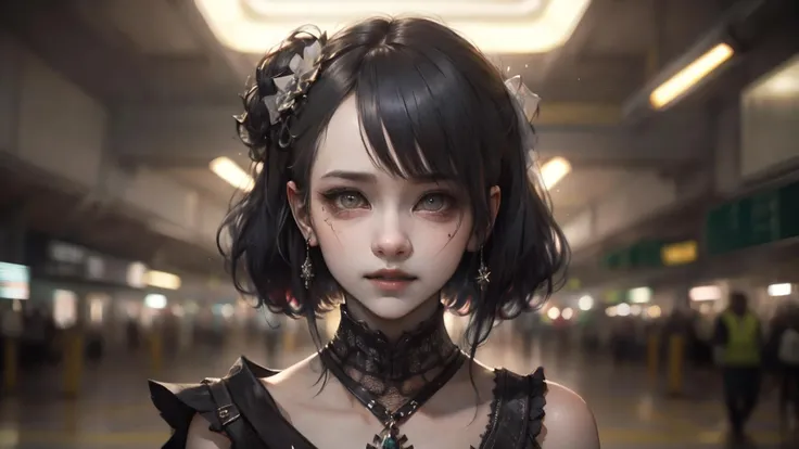 an awarded profesional photography of 1girl rachelBrosnahan1 with Petite triangle body and Small Breasts with green eyes eyes and Hard eyebrows and Obsidian Black Shaggy layered hairstyle, she wear leather corset crazy smile, waist hug in train station ,(epic scene:1.3),ultradetialed character with perfect face,detailed skin,(ultrasharp:1.3),(masterpiece:1.1),best quality,(photorealistic:1.2),ultrarealistic,realistic ultradetailed character,4k perfect quality, <lyco:GoodHands-beta2:1> by Jeff Wall Spotlights camera very wide shot Magnificent,Imperceptible detail,Intricately designed, (perfect quality face:1.5) hyper-detailed complex, insanely detailed, detailed clothes, detailed skin, detailed body,