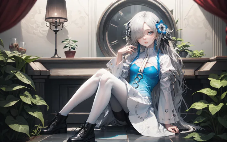 8k, 8k wallpaper, (an extremely delicate and beautiful:1.1), absurdres, (beautiful detailed eyes:1.3), (best illustration:1.1), (best quality:1.3), (best shadow:1.1), (cinematic lighting:1.2), detailed eyes, (detailed_light:1.1), (dreamy:1.1), (extremely detailed CG unity 8k wallpaper:1.1), highres, (masterpiece:1.3), official_art, ray tracing, (stylized:1.3), trending on artstation, (ultra_detailed:1.2)
(STYLE & COMPOSITION:0)
1girl, full_body
(POSE & EXPRESSION:0)
arm_support, expressionless, head_tilt, parted_lips, reclining, sitting_on_ground
(CHARACTER:0)
(FACE:0)
black_ribbon, bluejoucho, blue_eyes, eyelashes, flower_hair_ornament, hair_over_one_eye, hair_ribbon, lips, long_hair, messy_hair, silver_hair, very_long_hair, (white_hair:1.2)
(PORTRAIT:0)
breasts_apart, small_breasts
(UPPER_BODY:0)
(COWBOY_SHOT:0)
(white_pantyhose:1.2)
(FULL_BODY:0)
black_socks, ankle_socks, socks_over_pantyhose
(NSFW:0)
(BACKGROUND:0)
garden, flowers, plant, vines
(EMBEDDINGS:0)