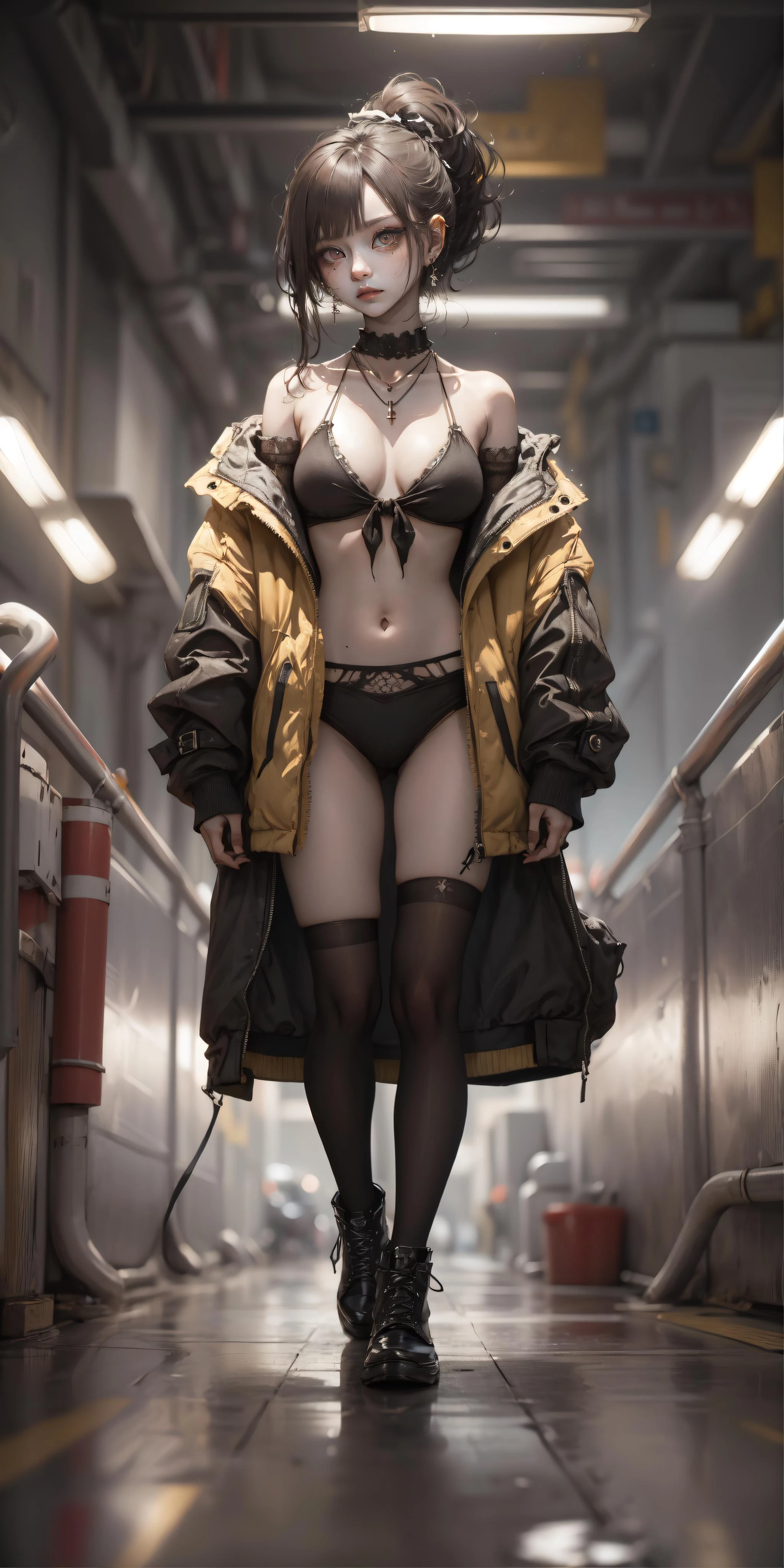 8k, 8k wallpaper, (an extremely delicate and beautiful:1.1), absurdres, (beautiful detailed eyes:1.3), (best illustration:1.1), (best quality:1.3), (best shadow:1.1), (cinematic lighting:1.2), detailed eyes, (detailed_light:1.1), (dreamy:1.1), (extremely detailed CG unity 8k wallpaper:1.1), highres, (masterpiece:1.3), official_art, ray tracing, (stylized:1.3), trending on artstation, (ultra_detailed:1.2)
(STYLE & COMPOSITION:0)
1girl, full_body
(POSE & EXPRESSION:0)
angry, legs_apart, looking_at_viewer, standing
(CHARACTER:0)
(FACE:0)
brown_hair, earrings, eyelashes, high_ponytail, messy_hair, very_long_hair, slit_pupils, tied_hair, yellow_eyes
(PORTRAIT:0)
black_bikini, collarbone, grey_jacket, necklace, off_shoulder, open_jacket
(UPPER_BODY:0)
narrow_waist, navel
(COWBOY_SHOT:0)
(FULL_BODY:0)
kneehighs, boots
(NSFW:0)
(BACKGROUND:0)
(EMBEDDINGS:0)