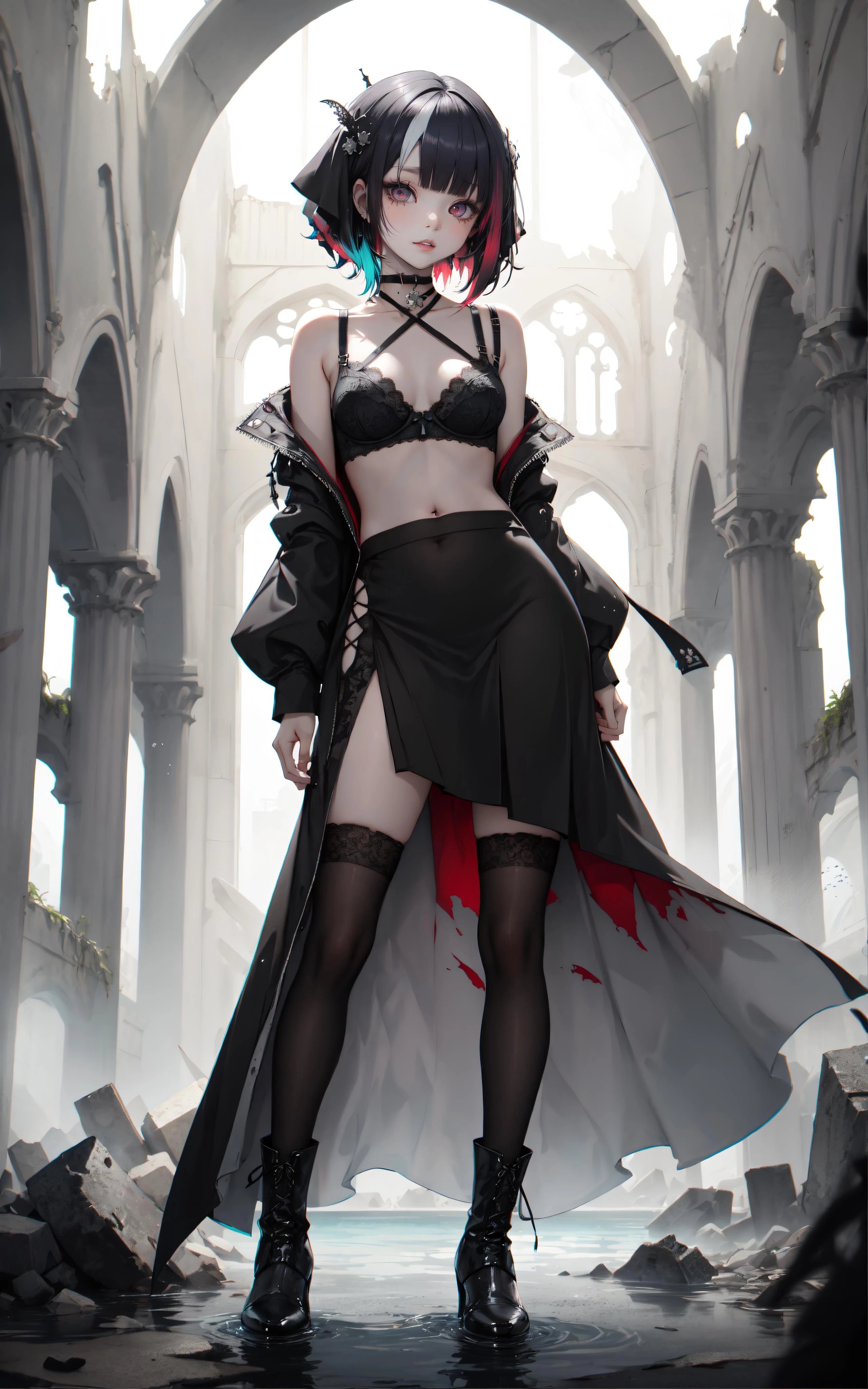 8k, 8k wallpaper, (an extremely delicate and beautiful:1.1), absurdres, (beautiful detailed eyes:1.3), (best illustration:1.1), (best quality:1.3), (best shadow:1.1), (cinematic lighting:1.2), detailed eyes, (detailed_light:1.1), (dreamy:1.1), (extremely detailed CG unity 8k wallpaper:1.1), highres, (masterpiece:1.3), official_art, ray tracing, (stylized:1.3), trending on artstation, (ultra_detailed:1.2)
(STYLE & COMPOSITION:0)
1girl, full_body
(POSE & EXPRESSION:0)
(arms_at_sides:1.2), (contrappisto:1.2), legs_apart, standing
(CHARACTER:0)
(FACE:0)
black_hair, blunt_bangs, blunt_ends, choker, eyelashes, hime_cut, lips, long_hair, (nun:0.9), purple_eyes, sidelocks, (split-color_hair:1.4), white_hair
(PORTRAIT:0)
black_bra, breasts_apart, collarbone, lace_bra
(UPPER_BODY:0)
bare_arms, black_skirt, (long_skirt:1.2), lowleg_skirt, midriff, (navel:1.2), pencil_skirt, side_slit, toned
(COWBOY_SHOT:0)
lace_thighhighs
(FULL_BODY:0)
high_heel_boots
(NSFW:0)
(BACKGROUND:0)
(cathedral, circle, ruins, seaweed, underwater, water:1.2)
(EMBEDDINGS:0)