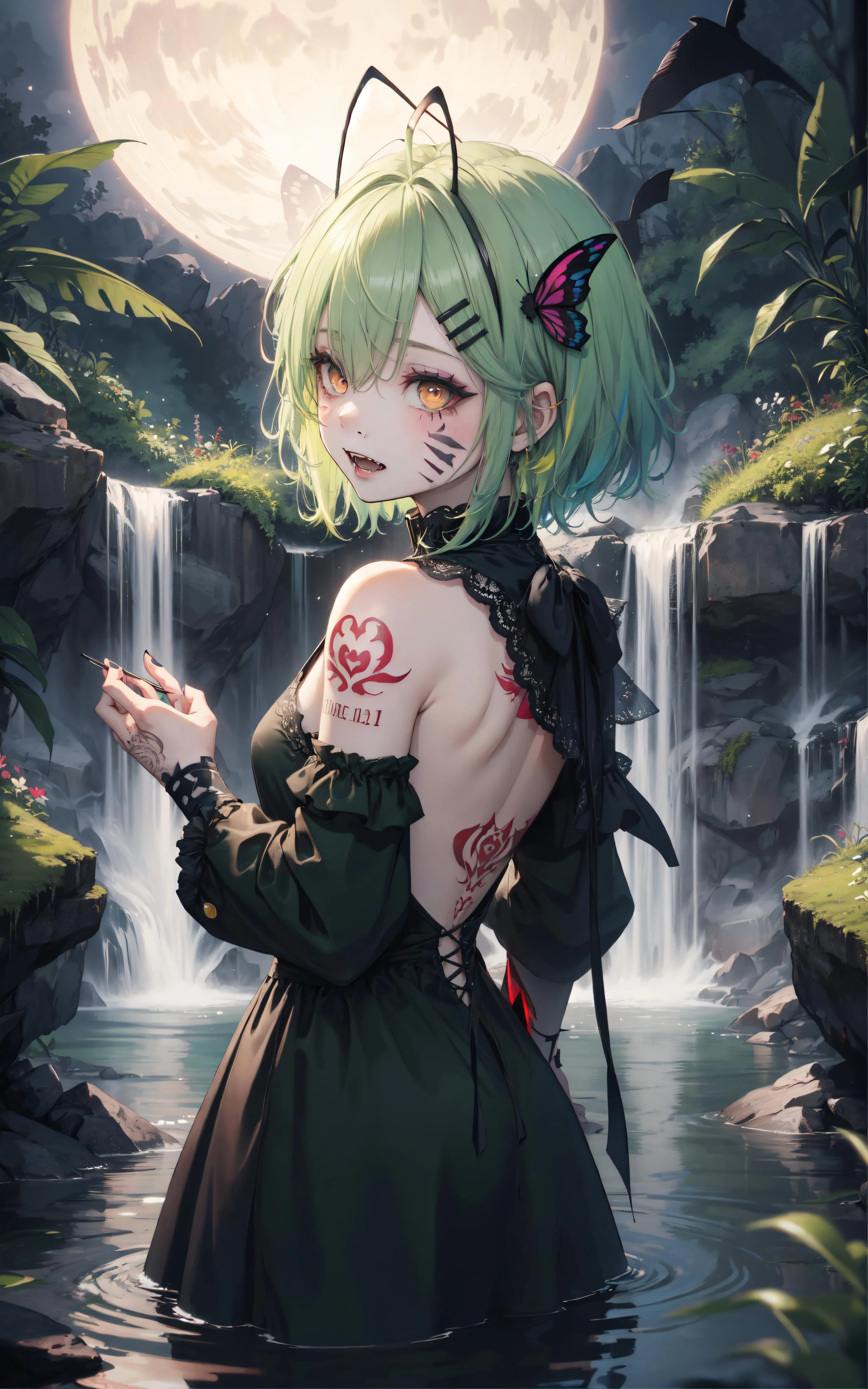 8k, 8k wallpaper, (an extremely delicate and beautiful:1.1), absurdres, (beautiful detailed eyes:1.3), (best illustration:1.1), (best quality:1.3), (best shadow:1.1), (cinematic lighting:1.2), detailed eyes, (detailed_light:1.1), (dreamy:1.1), (extremely detailed CG unity 8k wallpaper:1.1), highres, (masterpiece:1.3), official_art, ray tracing, (stylized:1.3), trending on artstation, (ultra_detailed:1.2)
(STYLE & COMPOSITION:0)
1girl, (from_behind:1.2), (partially_submerged:1.2), red, upper_body, (yellow:1.1)
(POSE & EXPRESSION:0)
looking_at_viewer, parted_lips, standing, surprised, (turning_head:1.2), (washing_hair:1.2)
(CHARACTER:0)
(FACE:0)
ahoge, antennae, arthropod_girl, bangs, chitin, collarbone, (dark_green_hair:1.2), (facepaint:1.2), (fangs:1.3), flower_hair_ornament, green_hair, hairclip, hair_between_eyes, high_collar, lipstick, long_hair, messy_hair, (monster_girl, moth_antennae, moth_girl, moth_hair_ornament:1.2), multicolor_hair, (red_trim:1.3), sidelocks, (yellow_eyes:1.2)
(PORTRAIT:0)
backless_dress, bare_shoulers, lace_dress, small_breasts, (tattoo:1.2), (two-tone_hair:1.2)
(UPPER_BODY:0)
arthropod_limbs, nail_polish, narrow_waist
(COWBOY_SHOT:0)
(FULL_BODY:0)
(NSFW:0)
(BACKGROUND:0)
(waterfall:1.2), water, (reflective_water:1.2), night, moonlight, forest, river, moon, stars, (mist:1.1)
(EMBEDDINGS:0)