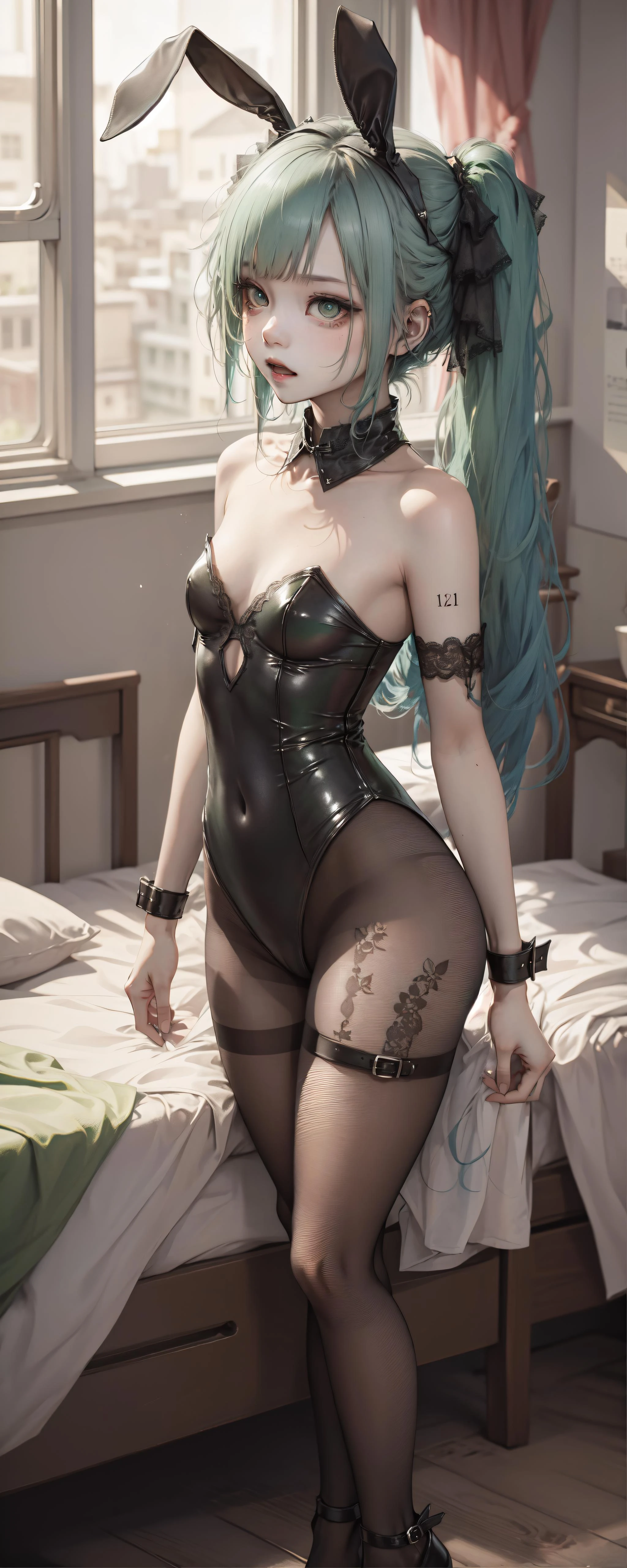 8k, 8k wallpaper, (an extremely delicate and beautiful:1.1), absurdres, (beautiful detailed eyes:1.3), (best illustration:1.1), (best quality:1.3), (best shadow:1.1), (cinematic lighting:1.2), detailed eyes, (detailed_light:1.1), (dreamy:1.1), (extremely detailed CG unity 8k wallpaper:1.1), highres, (masterpiece:1.3), official_art, ray tracing, (stylized:1.3), trending on artstation, (ultra_detailed:1.2)
(STYLE & COMPOSITION:0)
1girl, full_body
(POSE & EXPRESSION:0)
expressionless, (facing_to_the_side:1.2), open_mouth, standing
(CHARACTER:0)
(FACE:0)
bunny_girl, collarbone, detached_collar, eyelashes, green_eyes, green_hair, green_twintails, Hatsune_Miku, leotard, lips, long_gair, (messy_hair:1.2), rabbit_ears, very_long_hair
(PORTRAIT:0)
bare_shoulders, bodystocking, breasts_apart, impossible_clothes, lace, playboy_bunny, (small_breasts:1.3), strapless_leotard, thin_body, toned
(UPPER_BODY:0)
covered_navel, highleg_leotard, wrist_cuffs
(COWBOY_SHOT:0)
fishnet_pantyhose
(FULL_BODY:0)
no_shoes
(NSFW:0)
(BACKGROUND:0)
bed, bedroom, bedsheets
(EMBEDDINGS:0)