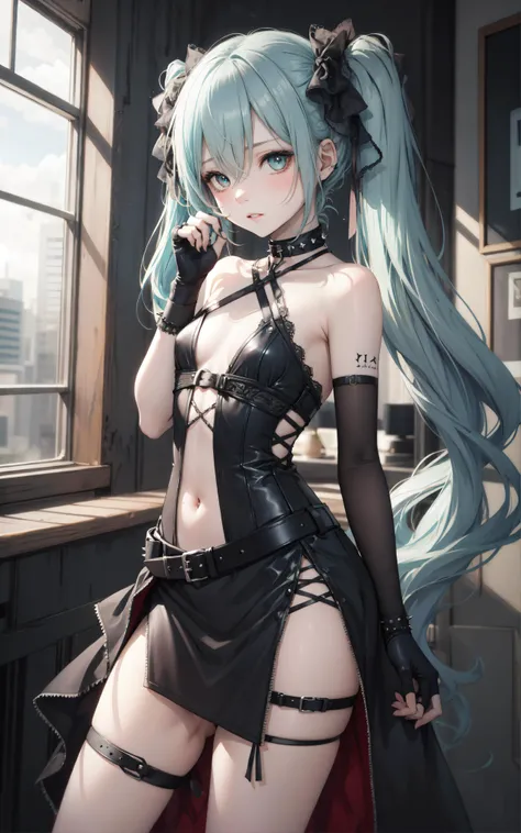 8k, 8k wallpaper, (an extremely delicate and beautiful:1.1), absurdres, (beautiful detailed eyes:1.3), (best illustration:1.1), (best quality:1.3), (best shadow:1.1), (cinematic lighting:1.2), detailed eyes, (detailed_light:1.1), (dreamy:1.1), (extremely detailed CG unity 8k wallpaper:1.1), highres, (masterpiece:1.3), official_art, ray tracing, (stylized:1.3), trending on artstation, (ultra_detailed:1.2)
(STYLE & COMPOSITION:0)
1girl, full_body, goth, gothic, solo
(POSE & EXPRESSION:0)
arm_up, embarassed, head_tilt, light_blush, looking_at_viewer, parted_lips
(CHARACTER:0)
(FACE:0)
aqua_eyes, aqua_hair, bare_shoulders, bell_choker, black_dress, black_ribbon, blue_hair, dress, eyelashes, hair_between_eyes, spiked_collar, twintails, very_long_hair
(PORTRAIT:0)
arm_strap, breasts_apart, chain, corset, (criss-cross_halterneck:1.2), cross-laced_slit, front_slit, hair_ribbon, Hatsune_Miku, heterochromia, innerboob, long_hair, (small_breasts:1.2)
(UPPER_BODY:0)
black_fingernails, black_gloves, belt, heart_buckle, cutout_gloves, fingerless_gloves, frilled_gloves, gloves, leather_wristband, (navel:1.2), ring, single_elbow_glove, single_fingerless_glove, uneven_gloves, wristband
(COWBOY_SHOT:0)
(FULL_BODY:0)
ankle_lace-up, high_heels
(NSFW:0)
(BACKGROUND:0)
(EMBEDDINGS:0)