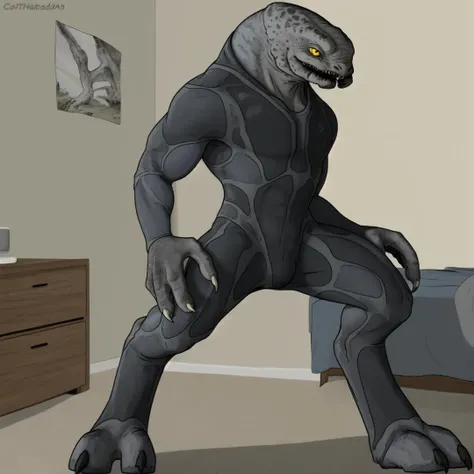 Male, Sangheili, alien, (by methados), (grey body), standing, ( claws, detailed eyes, yellow eyes) , (digitigrade), slightly muscular, (bodysuit, clothing, clothes), bedroom, background, scalie    <lora:SangheiliV17-000003:1>