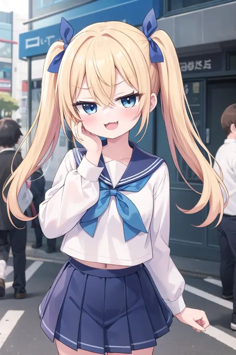 <lora:sensualface_type1_v3:1>
insanely detailed, absurdres, ultra-highres, ultra-detailed, best quality,
1girl, solo, nice hands, perfect hands,
BREAK
(wearing sailor school uniform, dark blue pleated skirt, white shirt),
(evil smile, ;3, smug, open mouth:1.3), fangs
BREAK
standing, hand on own face, 45 angle,
from below, cowboy shot, looking at viewer, tilt head
BREAK
slender, kawaii, perfect symmetrical face, ultra cute girl, ultra cute face, ultra detailed eyes, ultra detailed hair, ultra cute, ultra beautiful
BREAK
in harajuku, shibuya, tokyo, street, crowd, cityscape,
small breasts
BREAK
(gold blonde) hair, (short:1.3) twintails, blue eyes, blue hair ribbon, hair between eyes