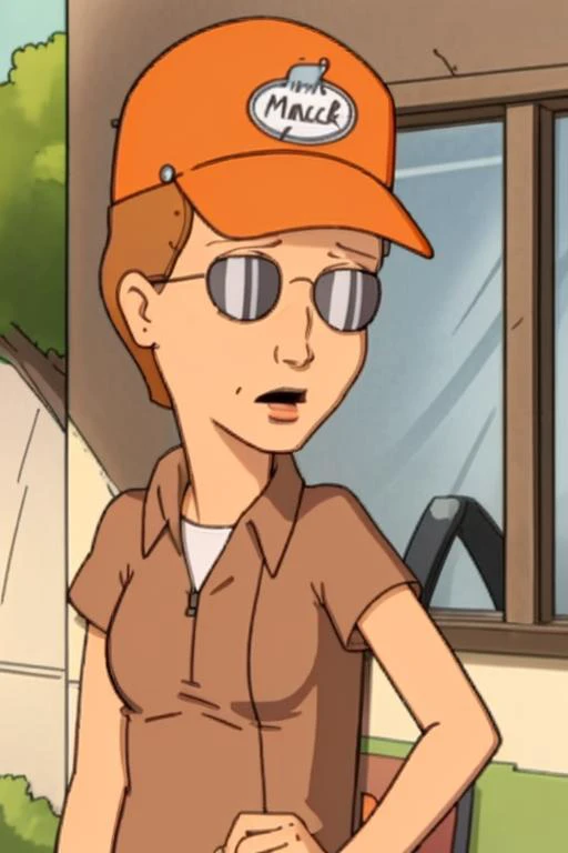 <lora:Dale Gribble - King of the Hill - 1997 - V1:0.75> dale_gribble, orange_mack_track_tracker_hat, sunglasses, brown shirt, <lora:bobsburgers-tina-belcher-n47-v1:0.7> tina-belcher, girl<lora:LCM_SD15:1.0>