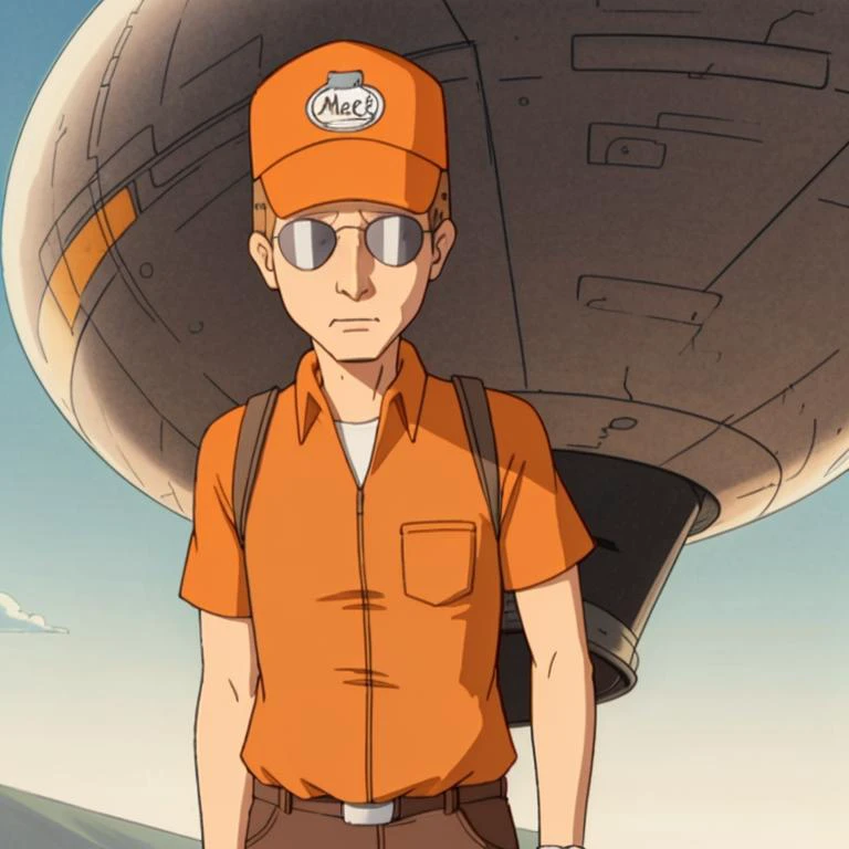 <lora:Dale Gribble - King of the Hill - 1997 - V1:0.7> dale_gribble, orange_mack_track_tracker_hat, sunglasses, brown shirt, surly, standing next to UFO, <lora:LCM_SD15:1.0>