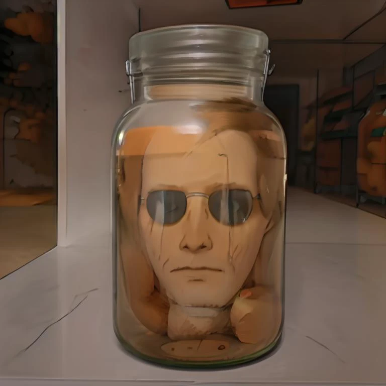 a close up of a jar with a face in it