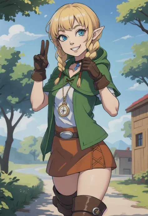 <lora:hyrulewarriors_linkle:1>, masterpiece, best quality, 1girl, looking at viewer, small breasts, outdoors, linkle, twin braids, green capelet, hood, leather gloves, skirt, thigh boots, choker, belt, (adult), (happy, loving smile:1.2), slim, (cute, beautiful), posing playfully