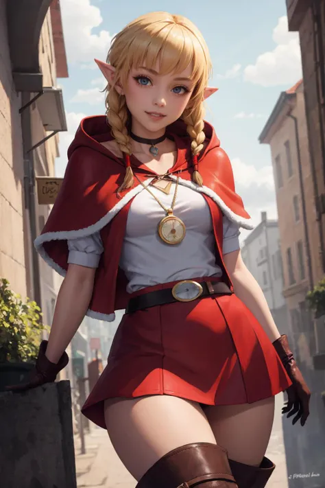 (masterpiece, best quality:1.2), solo, 1girl, linkle, smile, looking at viewer, twin braids, red capelet, white fur trim, hood, pendant, leather gloves, red skirt, thigh boots, choker, belt <lora:hyrulewarriors_linkle-11:.75> santa outfit,