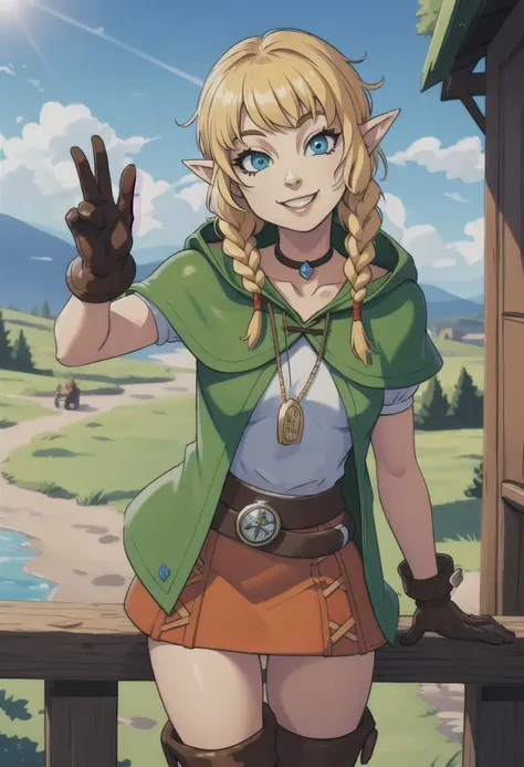 <lora:hyrulewarriors_linkle:1>, masterpiece, best quality, 1girl, looking at viewer, small breasts, outdoors, linkle, twin braids, green capelet, hood, leather gloves, skirt, thigh boots, choker, belt, (adult), (happy, loving smile:1.2), slim, (cute, beautiful), posing playfully