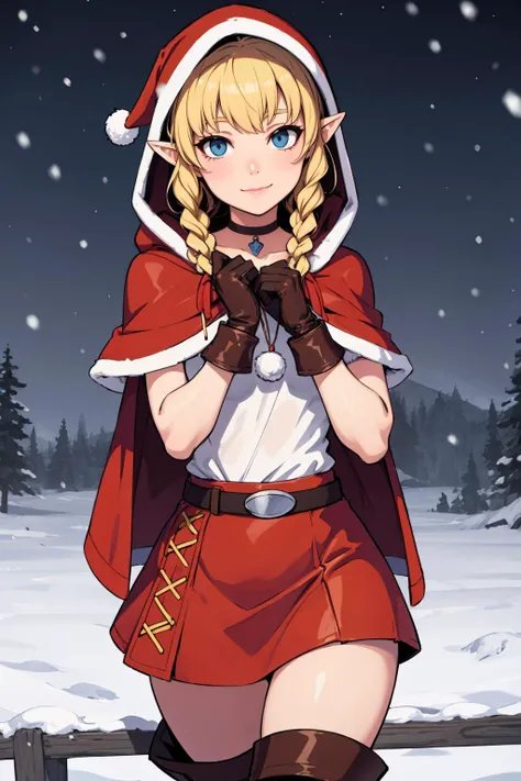 (masterpiece, best quality:1.2), solo, 1girl, linkle, smile, looking at viewer, twin braids, red capelet, white fur trim, hood, leather gloves, red skirt, thigh boots, choker, belt <lora:hyrulewarriors_linkle-11:.75> santa outfit, snow, hand on own chin,