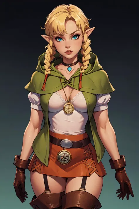 masterpiece, best quality, lingerie, <lora:hyrulewarriors_linkle-11:.95> linkle, twin braids, blonde green capelet, hood, leather gloves, skirt, thigh boots, choker, belt abstract background