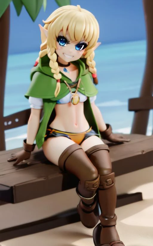 swimsuit photography, portrait, linkle, twin braids, green capelet, hood, leather gloves, bikini, thigh boots, choker, blonde hair, blue eyes, smug grin, sitting, beach <lora:hyrulewarriors_linkle-11:1> <lora:Mantis_Style:.9>