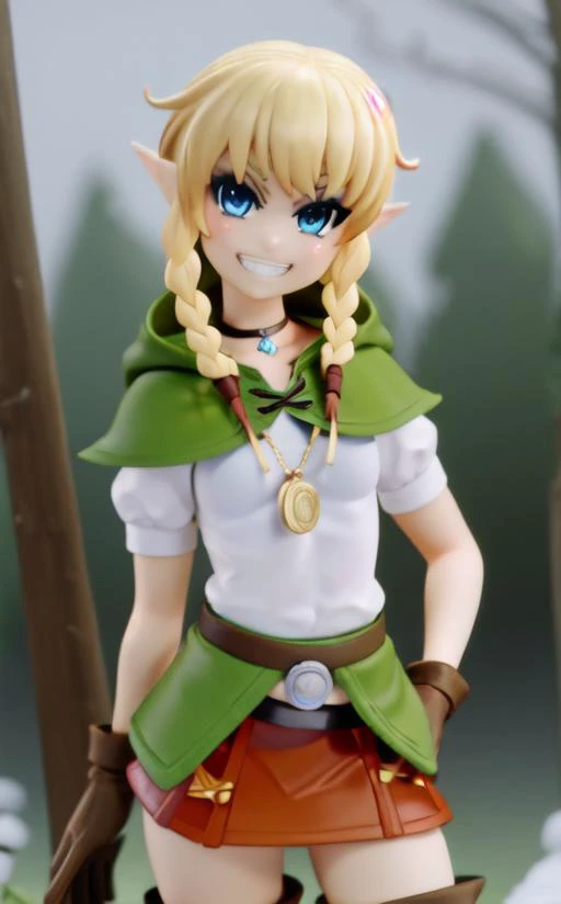 fashion photography, portrait, linkle, twin braids, green capelet, hood, leather gloves, skirt, thigh boots, choker, belt, blonde hair, blue eyes, smug grin, forest <lora:hyrulewarriors_linkle-11:1> <lora:Mantis_Style:.9>