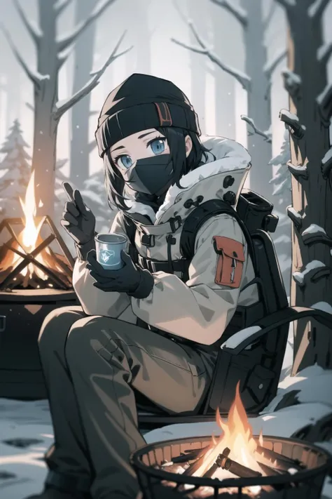<lora:frost-000035:1> tsangfrst, frstdef, beanie, jacket, beanie, pants, winter clothes, mouth mask,
1girl, camp, campfire, forest