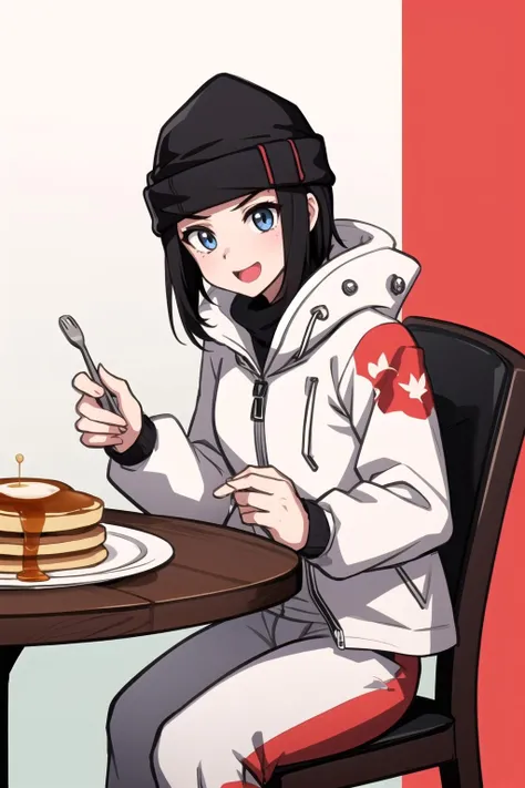 <lora:frost-000035:1> tsangfrst, frstdef, black hair, beanie, jacket, white jacket, pants, canadian flag,
1girl, sitting, chair, table, plate, pancake, maple syrup, excited